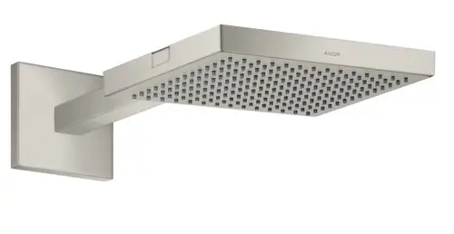 Duschkopf mit flachem, rechteckigem Design und Duschelementen, montiert an einem Wandarm. Marke AXOR, aus Edelstahl-Optik.